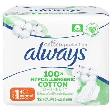 Always Cotton Protection Ultra Normal (μέγεθος 1)  Σερβιέτες Με Φτερά 12 Τμχ