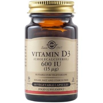 Solgar Vitamin D-3 600IU, Kocka-Dhëmbë të Forta, Sistemi Nervor, Funksioni i Tiroides 60 Kapele perimesh
