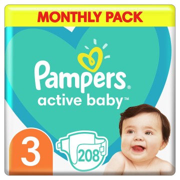 Pampers Monthly Active Baby Dry  No3 ( 6-10 Kg) 208Τμχ