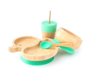 Eco Rascals Бамбуков комплект Патица Зелена чиния, сламена чаша, купа и лъжица