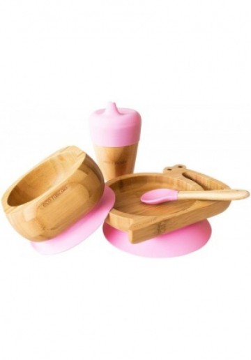 Бамбуков комплект Eco Rascals Розова чиния, сламка, купа и лъжица