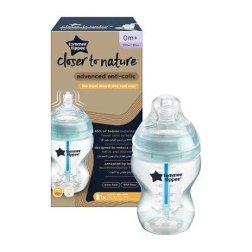 Tommee Tippee Advanced Anti-Colic Babyflasche mit geringem Durchfluss, 260 ml, ab 0 Monaten