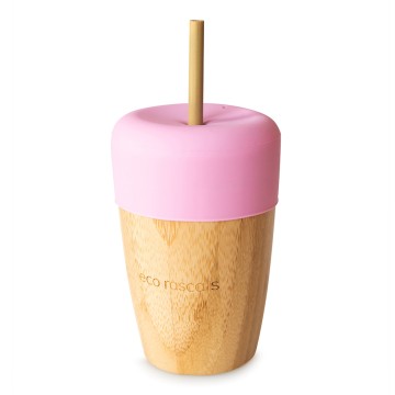 Розова бамбукова чаша Eco Rascals с подаващо устройство за сламки и 2 бамбукови сламки